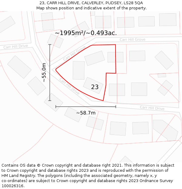 23, CARR HILL DRIVE, CALVERLEY, PUDSEY, LS28 5QA: Plot and title map