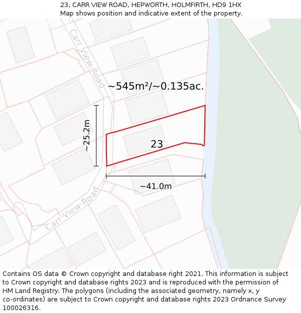 23, CARR VIEW ROAD, HEPWORTH, HOLMFIRTH, HD9 1HX: Plot and title map