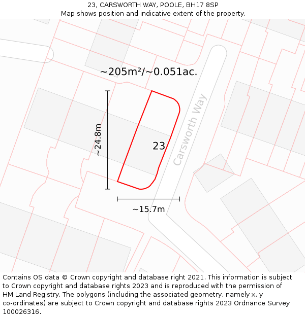 23, CARSWORTH WAY, POOLE, BH17 8SP: Plot and title map