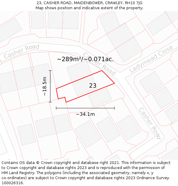 23, CASHER ROAD, MAIDENBOWER, CRAWLEY, RH10 7JG: Plot and title map