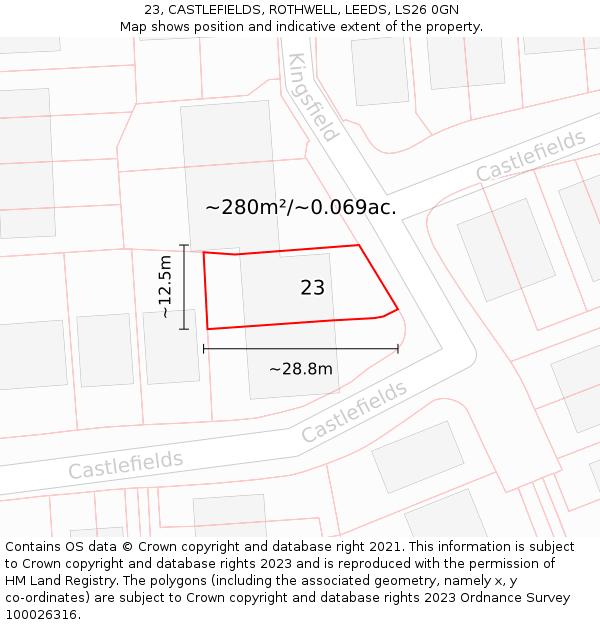 23, CASTLEFIELDS, ROTHWELL, LEEDS, LS26 0GN: Plot and title map