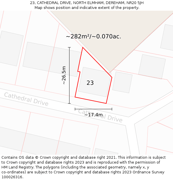 23, CATHEDRAL DRIVE, NORTH ELMHAM, DEREHAM, NR20 5JH: Plot and title map