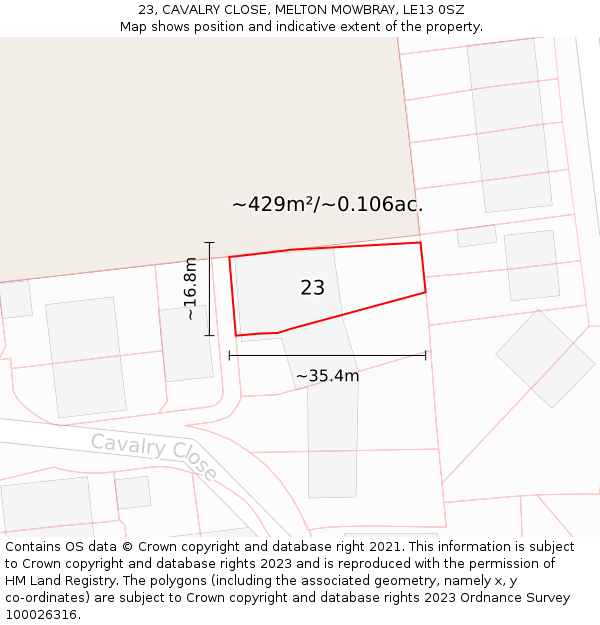 23, CAVALRY CLOSE, MELTON MOWBRAY, LE13 0SZ: Plot and title map