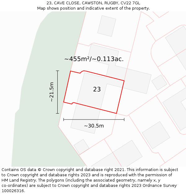 23, CAVE CLOSE, CAWSTON, RUGBY, CV22 7GL: Plot and title map