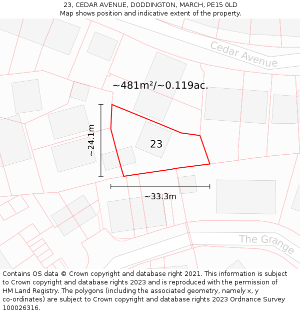 23, CEDAR AVENUE, DODDINGTON, MARCH, PE15 0LD: Plot and title map