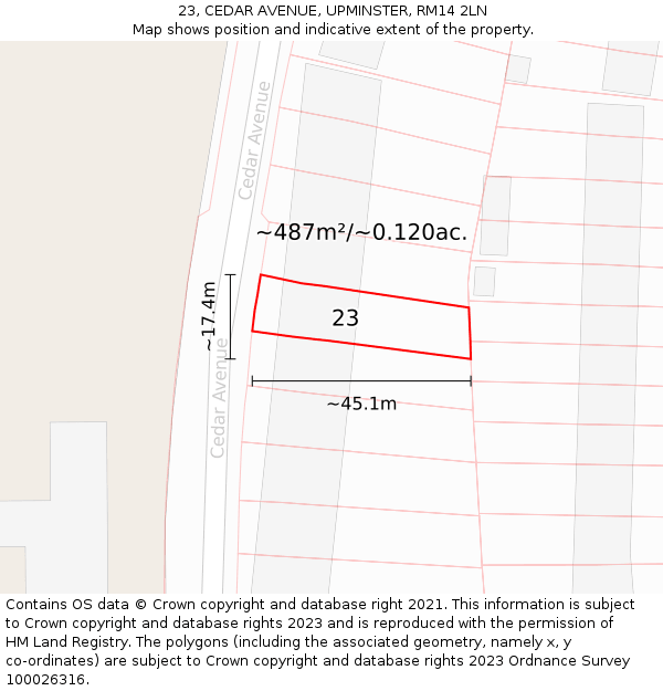 23, CEDAR AVENUE, UPMINSTER, RM14 2LN: Plot and title map