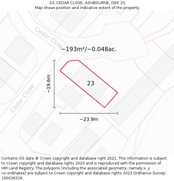23, CEDAR CLOSE, ASHBOURNE, DE6 1FJ: Plot and title map