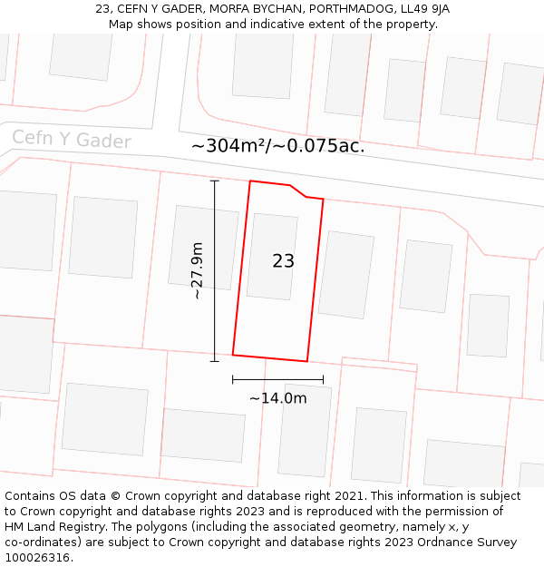 23, CEFN Y GADER, MORFA BYCHAN, PORTHMADOG, LL49 9JA: Plot and title map