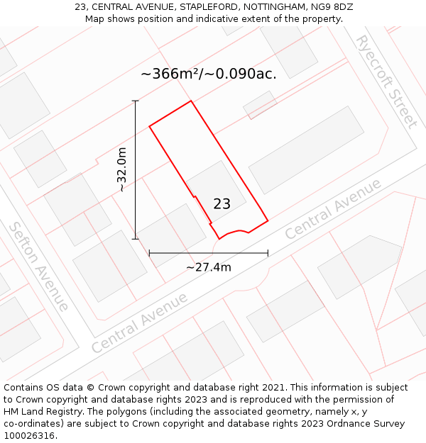 23, CENTRAL AVENUE, STAPLEFORD, NOTTINGHAM, NG9 8DZ: Plot and title map