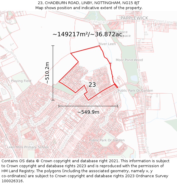 23, CHADBURN ROAD, LINBY, NOTTINGHAM, NG15 8JT: Plot and title map