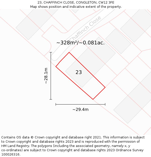 23, CHAFFINCH CLOSE, CONGLETON, CW12 3FE: Plot and title map