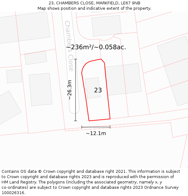 23, CHAMBERS CLOSE, MARKFIELD, LE67 9NB: Plot and title map