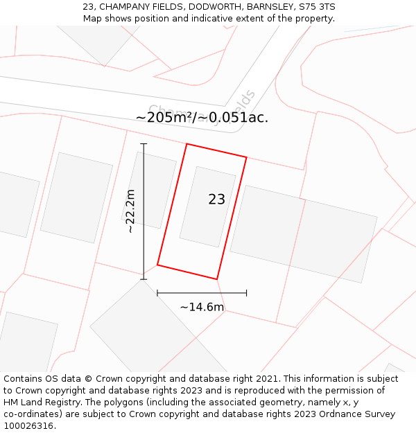 23, CHAMPANY FIELDS, DODWORTH, BARNSLEY, S75 3TS: Plot and title map
