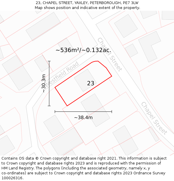 23, CHAPEL STREET, YAXLEY, PETERBOROUGH, PE7 3LW: Plot and title map