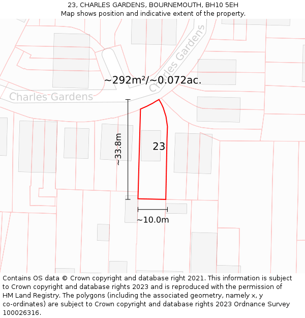 23, CHARLES GARDENS, BOURNEMOUTH, BH10 5EH: Plot and title map