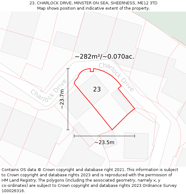 23, CHARLOCK DRIVE, MINSTER ON SEA, SHEERNESS, ME12 3TD: Plot and title map