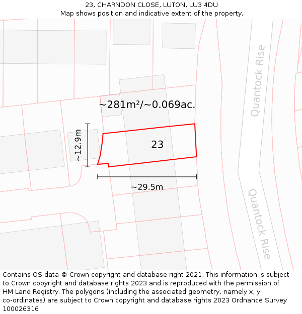 23, CHARNDON CLOSE, LUTON, LU3 4DU: Plot and title map