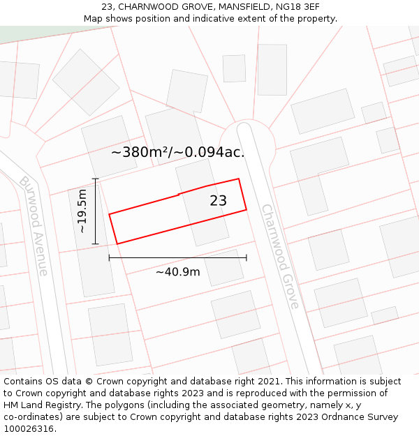 23, CHARNWOOD GROVE, MANSFIELD, NG18 3EF: Plot and title map