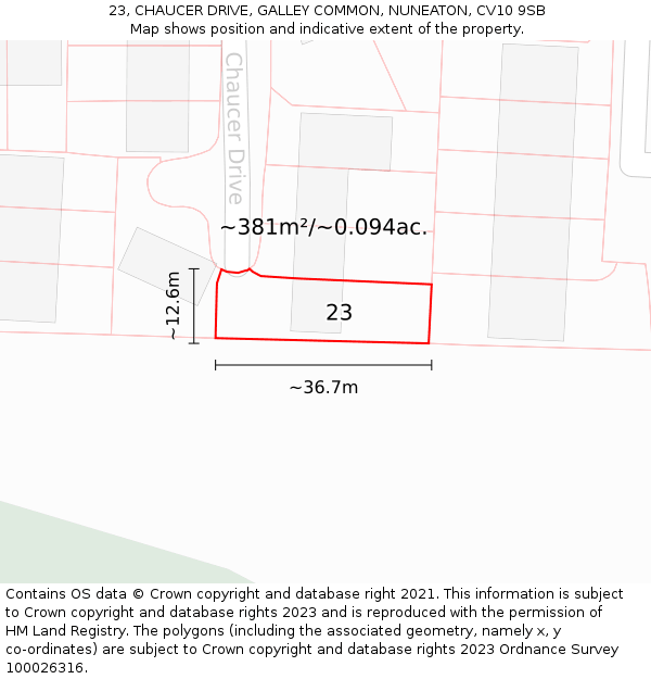 23, CHAUCER DRIVE, GALLEY COMMON, NUNEATON, CV10 9SB: Plot and title map