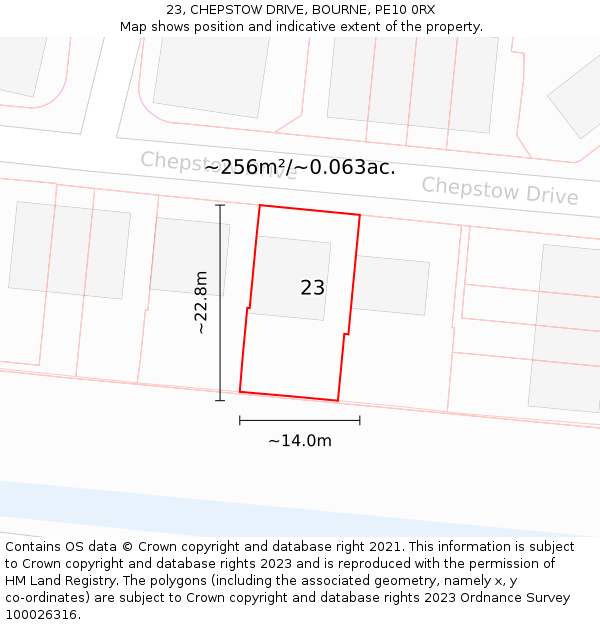 23, CHEPSTOW DRIVE, BOURNE, PE10 0RX: Plot and title map