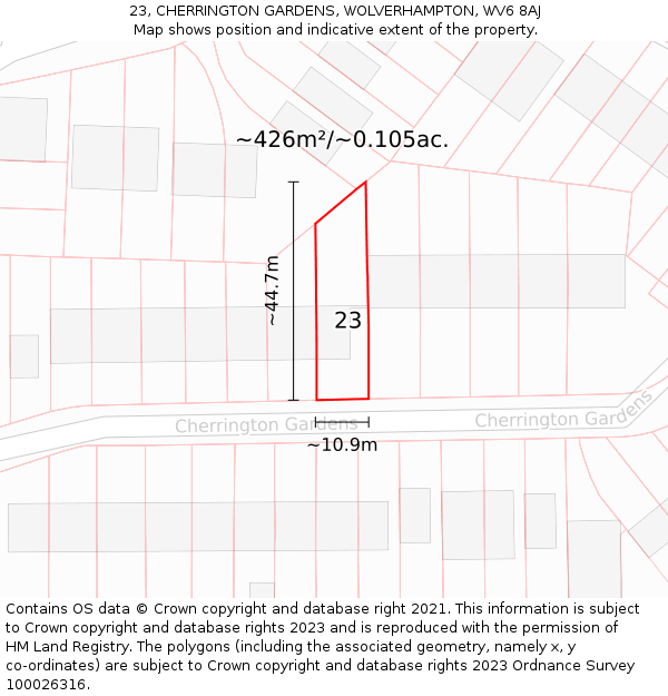 23, CHERRINGTON GARDENS, WOLVERHAMPTON, WV6 8AJ: Plot and title map