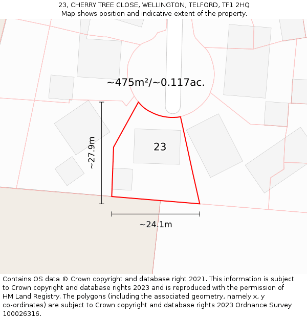 23, CHERRY TREE CLOSE, WELLINGTON, TELFORD, TF1 2HQ: Plot and title map