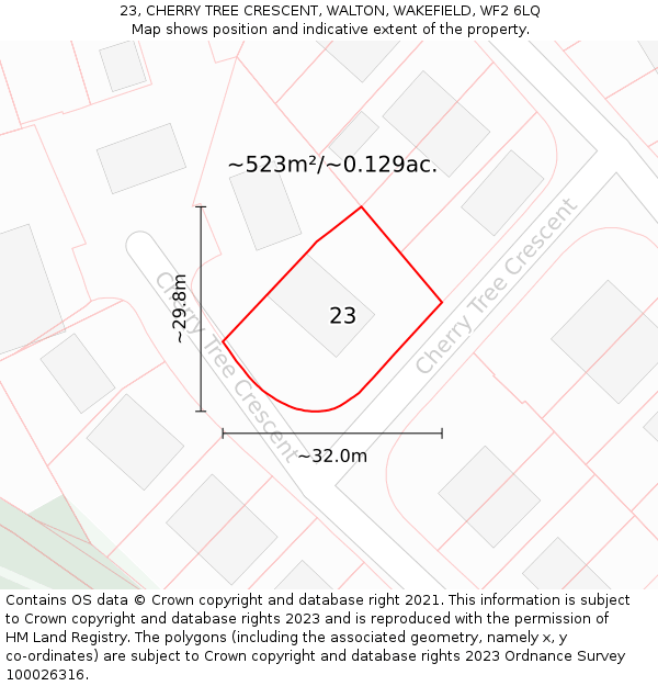 23, CHERRY TREE CRESCENT, WALTON, WAKEFIELD, WF2 6LQ: Plot and title map