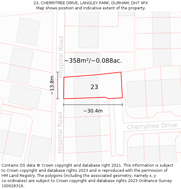 23, CHERRYTREE DRIVE, LANGLEY PARK, DURHAM, DH7 9FX: Plot and title map