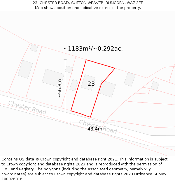 23, CHESTER ROAD, SUTTON WEAVER, RUNCORN, WA7 3EE: Plot and title map