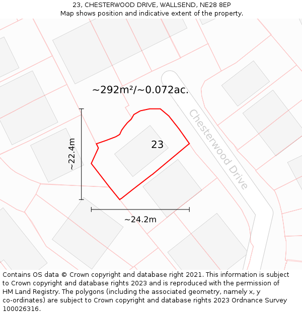 23, CHESTERWOOD DRIVE, WALLSEND, NE28 8EP: Plot and title map