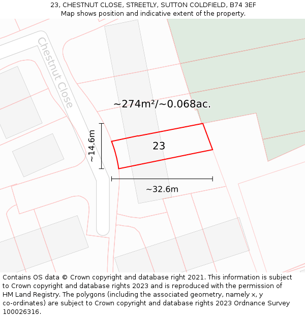 23, CHESTNUT CLOSE, STREETLY, SUTTON COLDFIELD, B74 3EF: Plot and title map