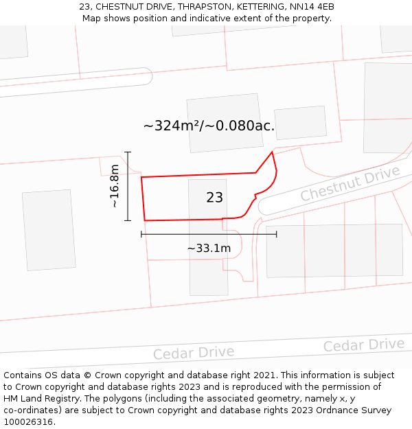 23, CHESTNUT DRIVE, THRAPSTON, KETTERING, NN14 4EB: Plot and title map