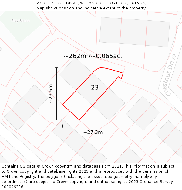 23, CHESTNUT DRIVE, WILLAND, CULLOMPTON, EX15 2SJ: Plot and title map