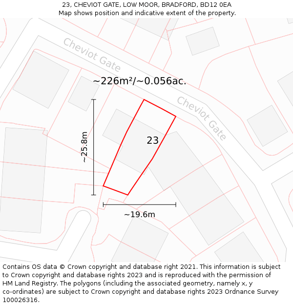 23, CHEVIOT GATE, LOW MOOR, BRADFORD, BD12 0EA: Plot and title map