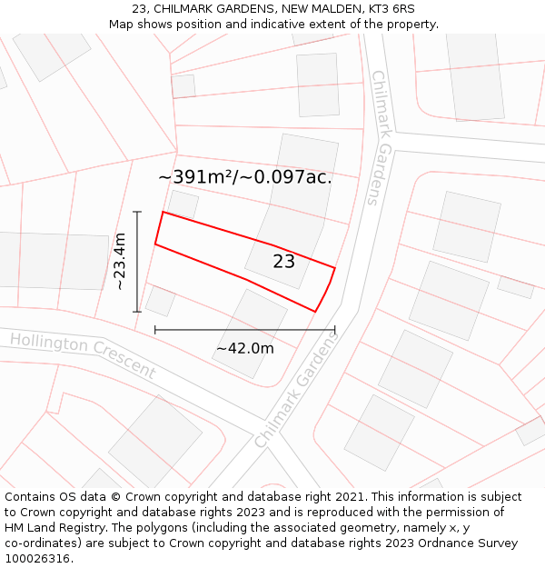 23, CHILMARK GARDENS, NEW MALDEN, KT3 6RS: Plot and title map