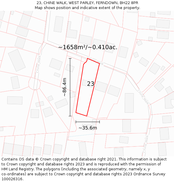 23, CHINE WALK, WEST PARLEY, FERNDOWN, BH22 8PR: Plot and title map