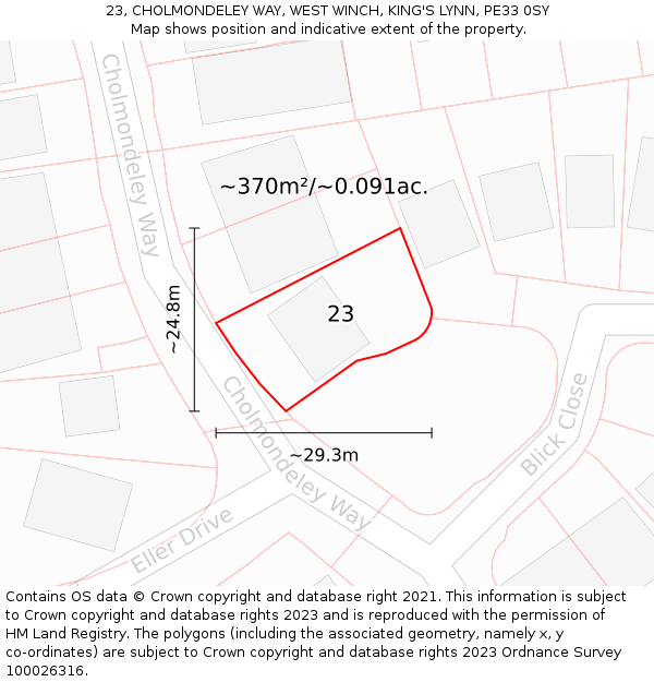 23, CHOLMONDELEY WAY, WEST WINCH, KING'S LYNN, PE33 0SY: Plot and title map