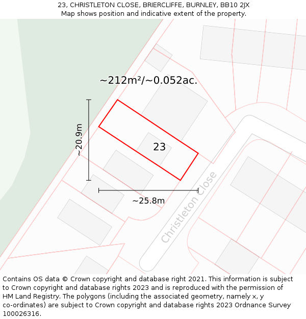 23, CHRISTLETON CLOSE, BRIERCLIFFE, BURNLEY, BB10 2JX: Plot and title map