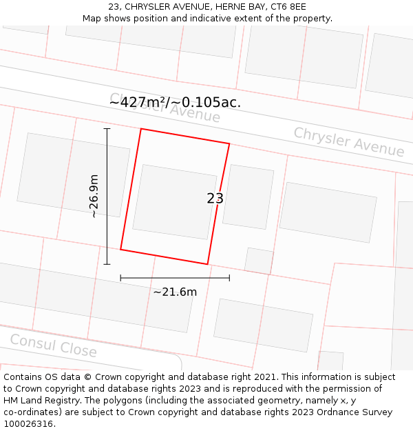 23, CHRYSLER AVENUE, HERNE BAY, CT6 8EE: Plot and title map