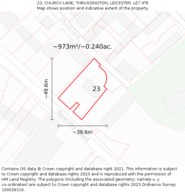 23, CHURCH LANE, THRUSSINGTON, LEICESTER, LE7 4TE: Plot and title map