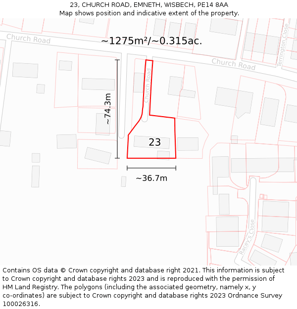 23, CHURCH ROAD, EMNETH, WISBECH, PE14 8AA: Plot and title map
