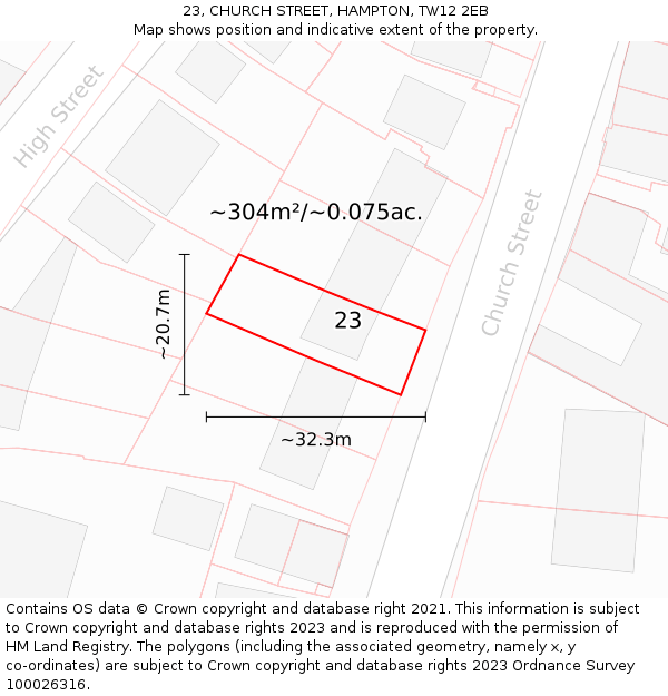 23, CHURCH STREET, HAMPTON, TW12 2EB: Plot and title map