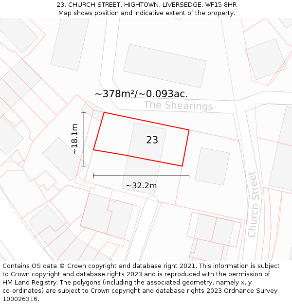 23, CHURCH STREET, HIGHTOWN, LIVERSEDGE, WF15 8HR: Plot and title map