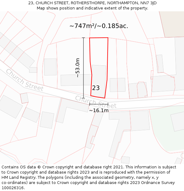 23, CHURCH STREET, ROTHERSTHORPE, NORTHAMPTON, NN7 3JD: Plot and title map