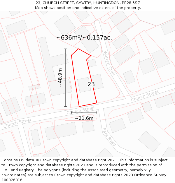 23, CHURCH STREET, SAWTRY, HUNTINGDON, PE28 5SZ: Plot and title map