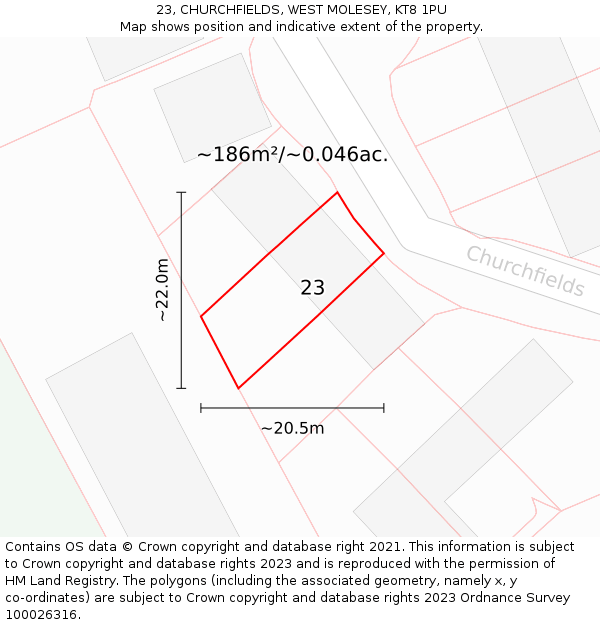 23, CHURCHFIELDS, WEST MOLESEY, KT8 1PU: Plot and title map