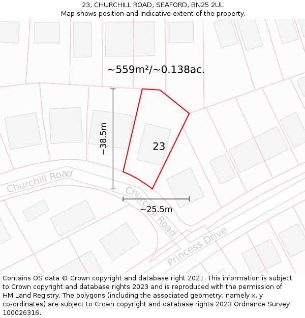 23, CHURCHILL ROAD, SEAFORD, BN25 2UL: Plot and title map
