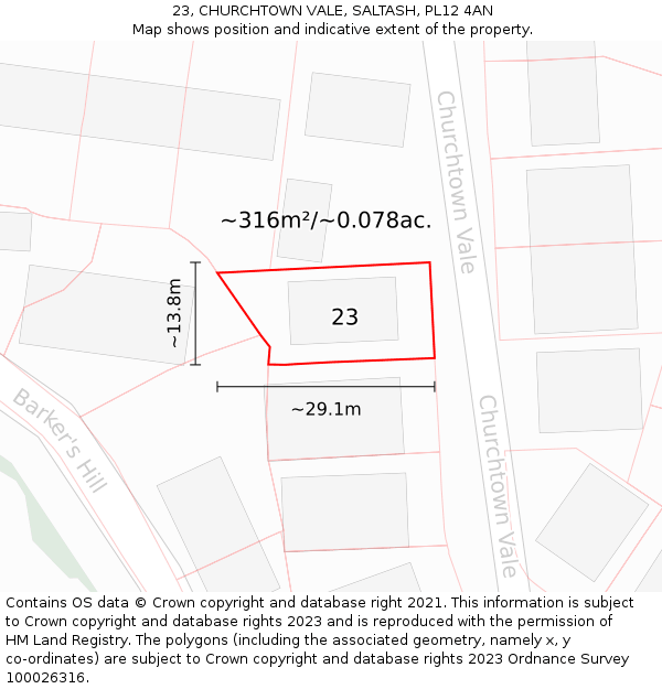 23, CHURCHTOWN VALE, SALTASH, PL12 4AN: Plot and title map