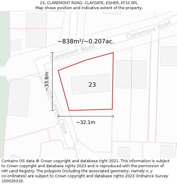 23, CLAREMONT ROAD, CLAYGATE, ESHER, KT10 0PL: Plot and title map