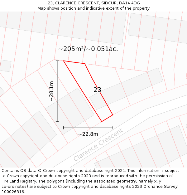 23, CLARENCE CRESCENT, SIDCUP, DA14 4DG: Plot and title map